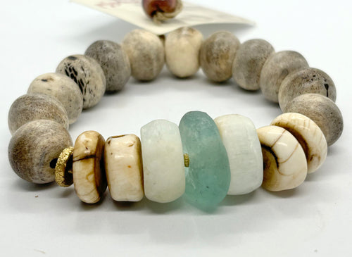 BEAUTIFUL SOUL - BLUE AFRICAN GLASS RING WITH DINOSAUR BONE- BRACELET - SOLD