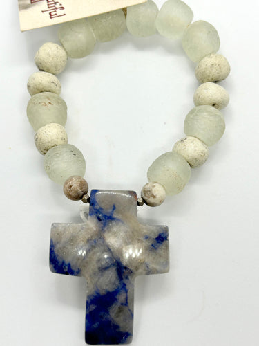 BEAUTIFUL SOUL - HAND-CARVED LAPIS CROSS WITH MATTE CLEAR RECYCLED GLASS  - BRACELET