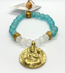 BEAUTIFUL SOUL - GOLDEN BRASS QUAN YIN PENDENT WITH RECYCLED GLASS BEADS - BRACELET