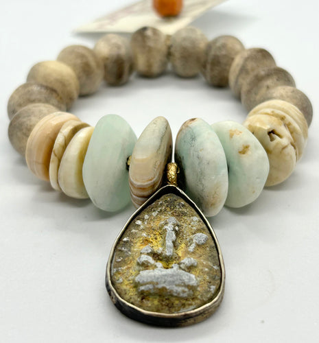 BEAUTIFUL SOUL - VINTAGE CLAY BUDDHA PENDENT WITH DINOSAUR BONE - BRACELET