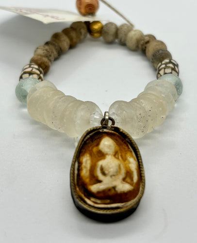 BEAUTIFUL SOUL - HAND-SET CLAY BUDDHA WITH VINTAGE RECYCLED GLASS- BRACELET