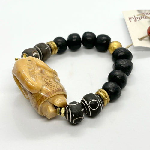 BEAUTIFUL SOUL - VINTAGE HAND-CARVED TAGUA NUT GANESH WITH TERRACOTTA BEADS - BRACELET