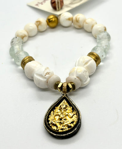 BEAUTIFUL SOUL - GOLDEN GANESH W/CARVED CONCH BEADS  - BRACELET