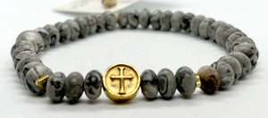 simply beautiful - BRASS CROSS CROSS & GREY PICASSO BEADS - MENS BRACELET