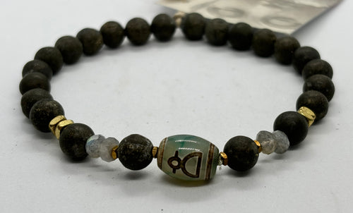 simply beautiful - QUAN YIN DZI BEAD WITH MATTE PYRITE - MENS BRACELET