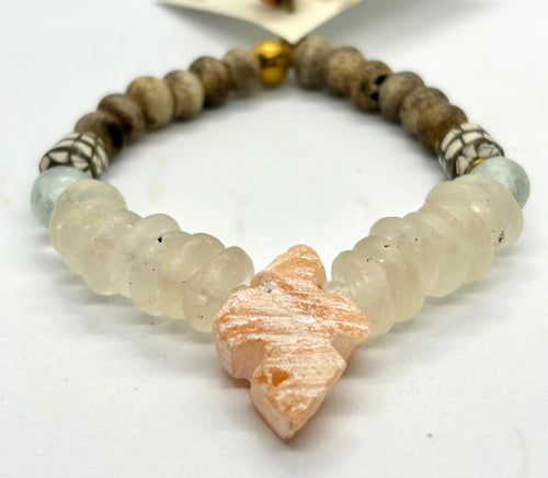 BEAUTIFUL SOUL - HAND-CARVED CHALCEDONY CROSS W/RECYCLED GLASS - BRACELET