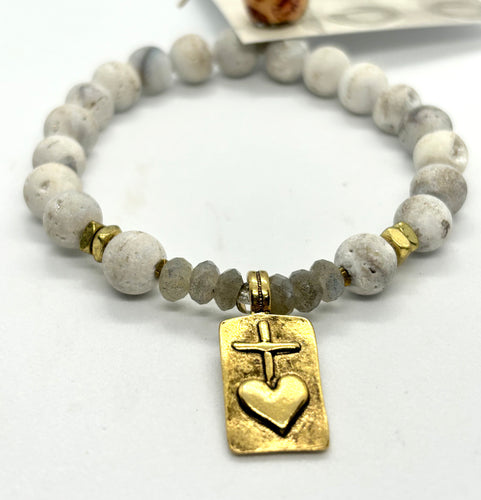 BEAUTIFUL SOUL - GOLDEN SACRED HEART WITH MATTE DRUZY BEADS  - BRACELET - SOLD