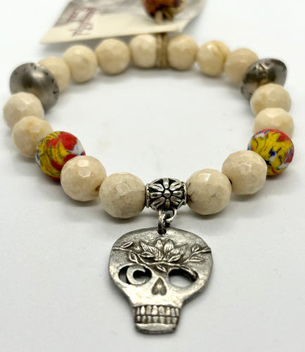 BEAUTIFUL SOUL - PEWTER SKULL WITH FACET RIVER ROCK - BRACELET