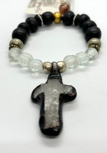 BEAUTIFUL SOUL - SOLDERED CRYSTAL CROSS W/CLEAR RECYCLED GLASS - BRACELET - SOLD