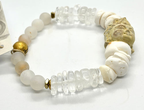 BEAUTIFUL SOUL - VINTAGE HAND-CARVED WOOD BUDDHA WITH PUKA SHELLS - BRACELET