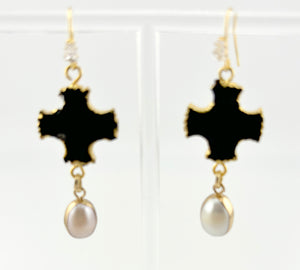 BEAUTIFUL SOUL - MATTE ONYX CROSS WITH PEARL - EARRINGS