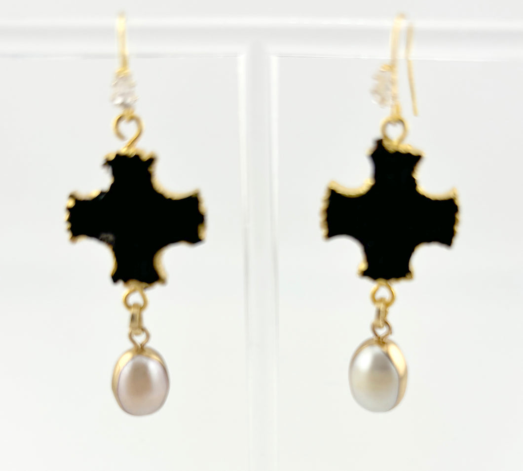 BEAUTIFUL SOUL - MATTE ONYX CROSS WITH PEARL - EARRINGS
