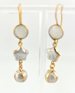 BEAUTIFUL SOUL - FRESHWATER PEARL & PEARL STAR W/MOONSTONE SET IN 18K GOLD - EARRINGS