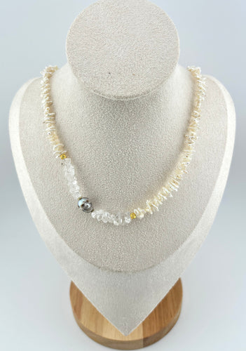 BEAUTIFUL SOUL - HAND-CARVED PEARL SKULL WITH HERKIMER DIAMONDS - SHORT NECKLACE - SOLD