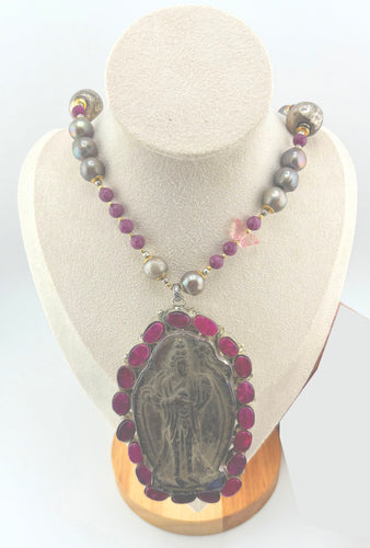 BEAUTIFUL SOUL - STONE QUAN YIN WITH RUBIES - LONG NECKLACE - SOLD