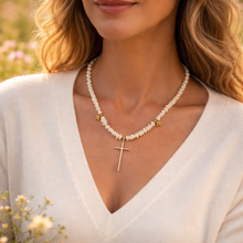 BEAUTIFUL SOUL - ARTISAN CROSS W/PETITE KEISHI PEARLS - SHORT NECKLACE