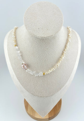 BEAUTIFUL SOUL - HAND-CARVED PINK PEARL SKULL & HERKIMER DIAMOND - SHORT NECKLACE-SOLD