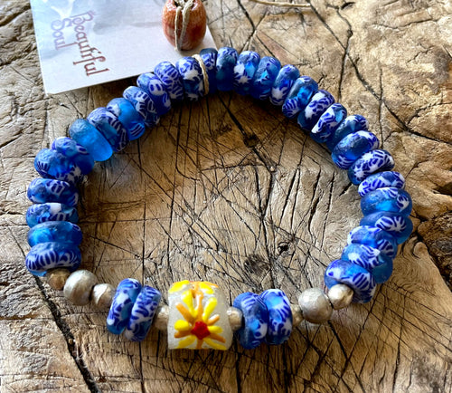 simply beautiful - Ethiopian Flower Focal bracelet with recycled glass-Blue & white