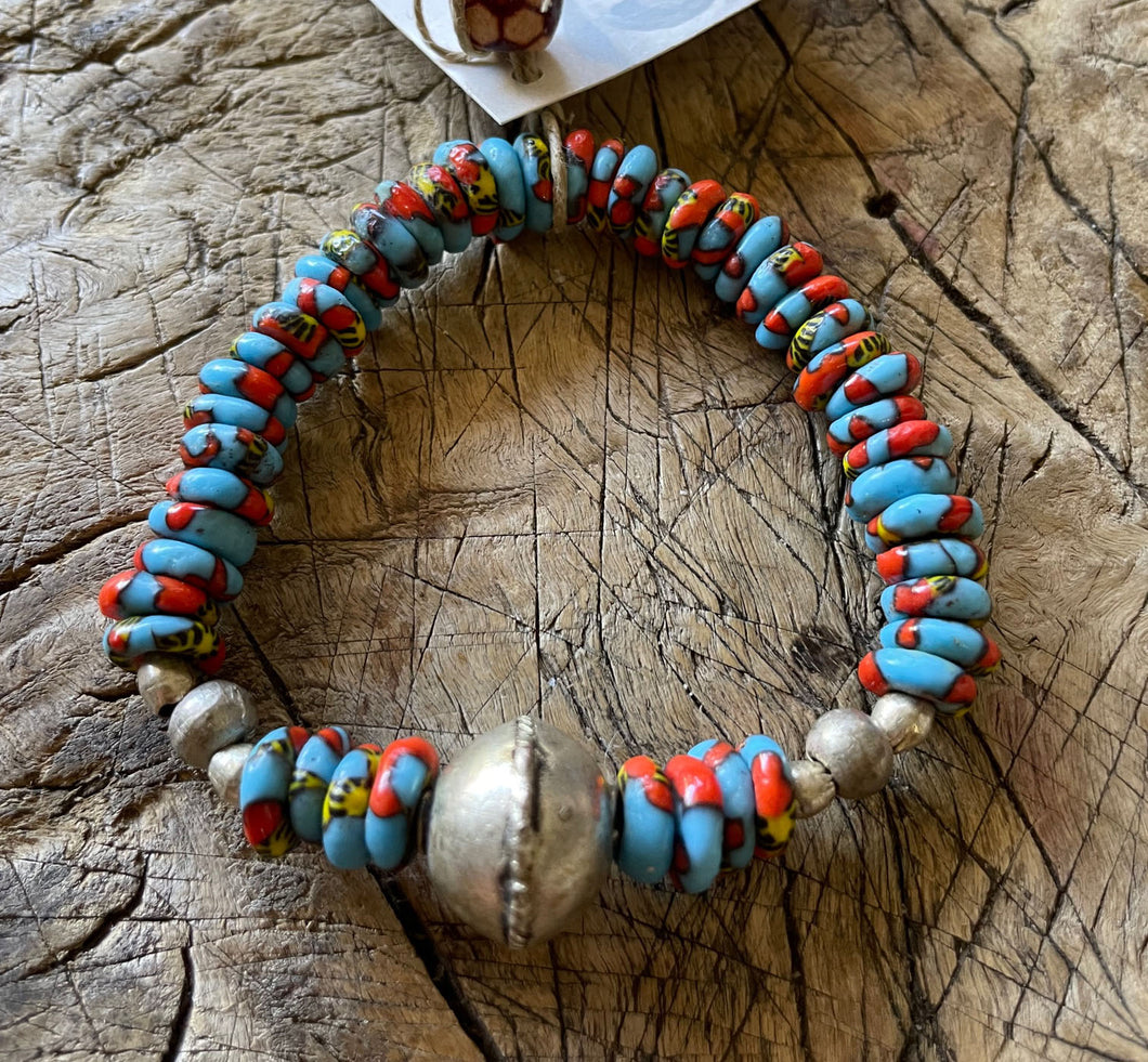 simply beautiful - Silver Ethiopian Focal, Recycled Glass Bracelet-Blue & Red