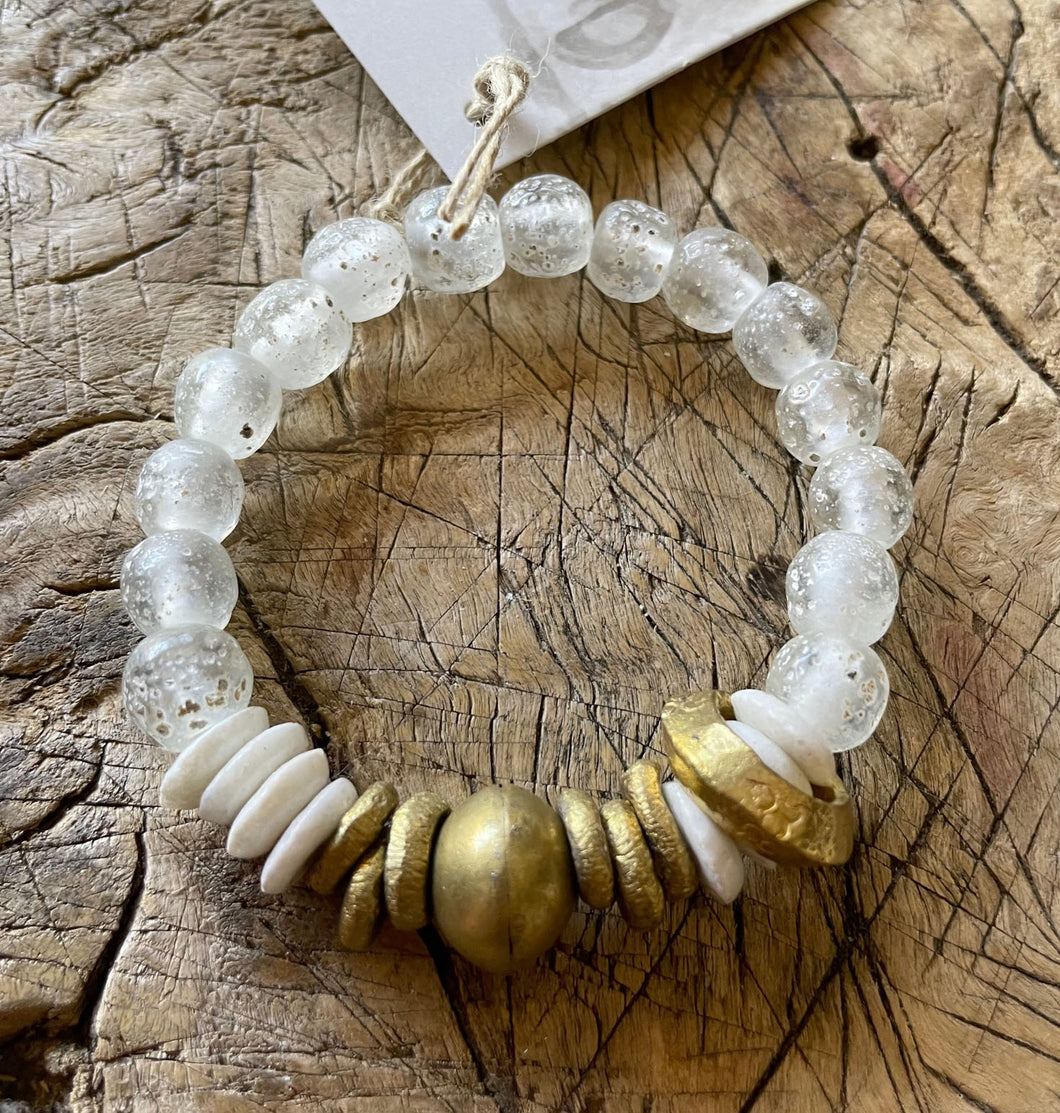 simply beautiful - Clear African Glass bracelet with Brass Accent Beads