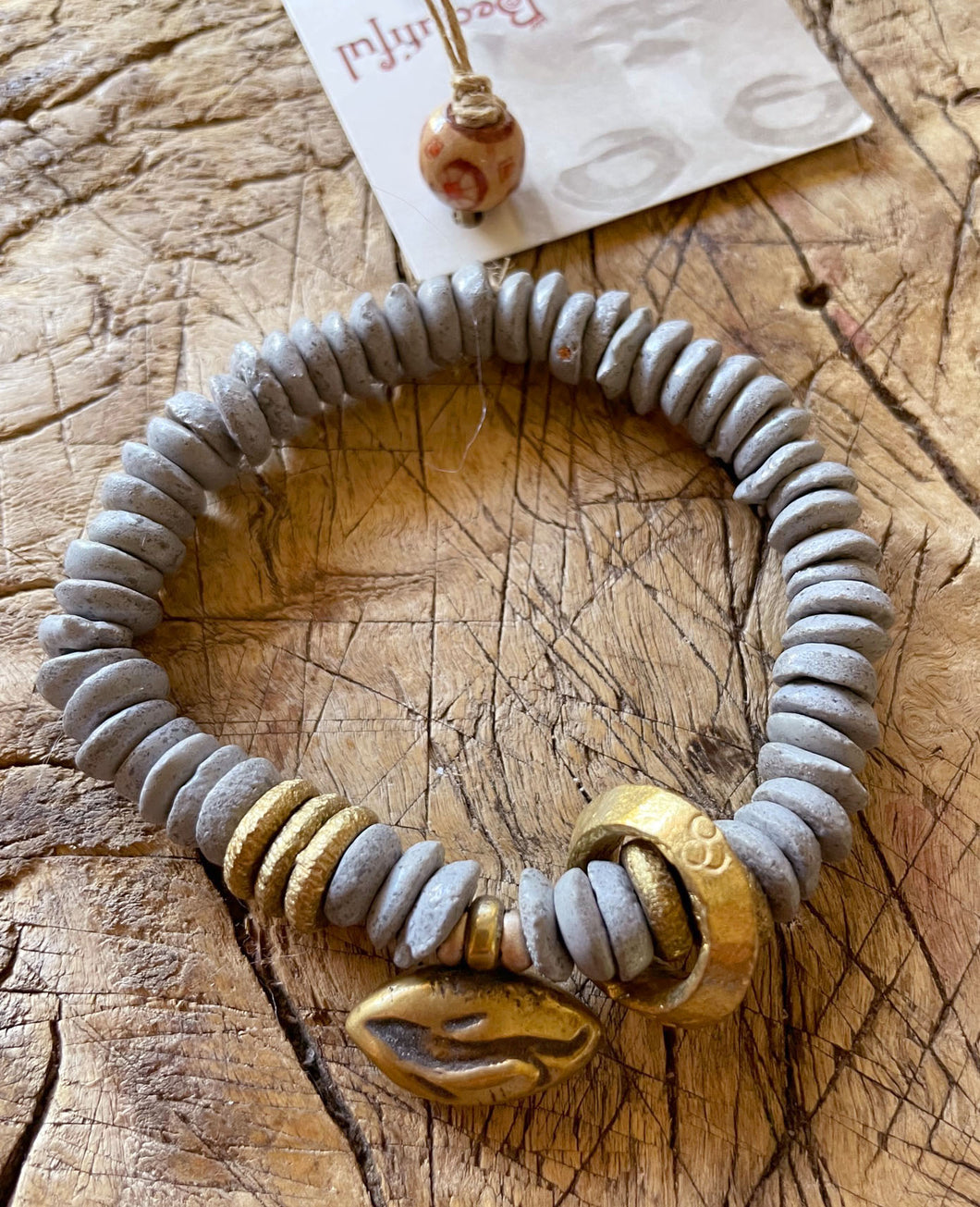 simply beautiful - Bronze Whale bracelet with Cool Grey African Glass Beads