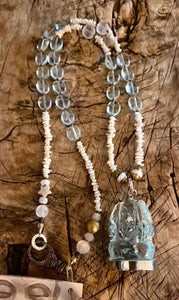 Beautiful Soul -  Hand-carved Aqua Quartz Ganesh - Long Necklace